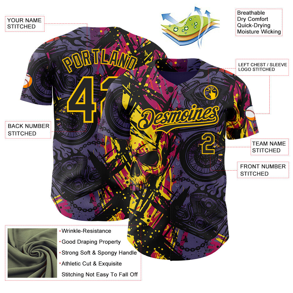 Custom Purple Black Deep Pink-Yellow 3D Pattern Design Motorcycle Motocross Skull Authentic Baseball Jersey