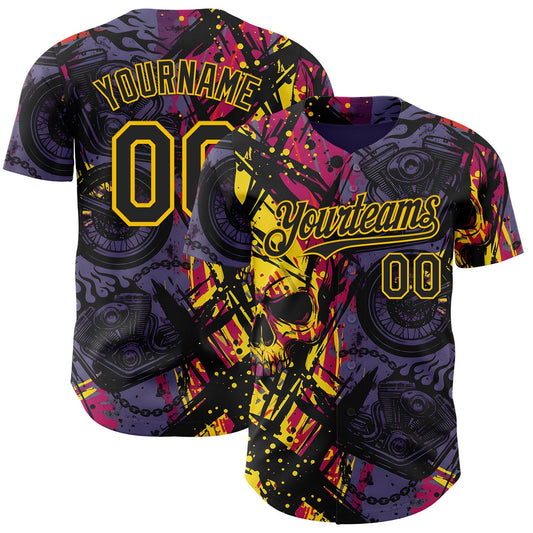 Custom Purple Black Deep Pink-Yellow 3D Pattern Design Motorcycle Motocross Skull Authentic Baseball Jersey