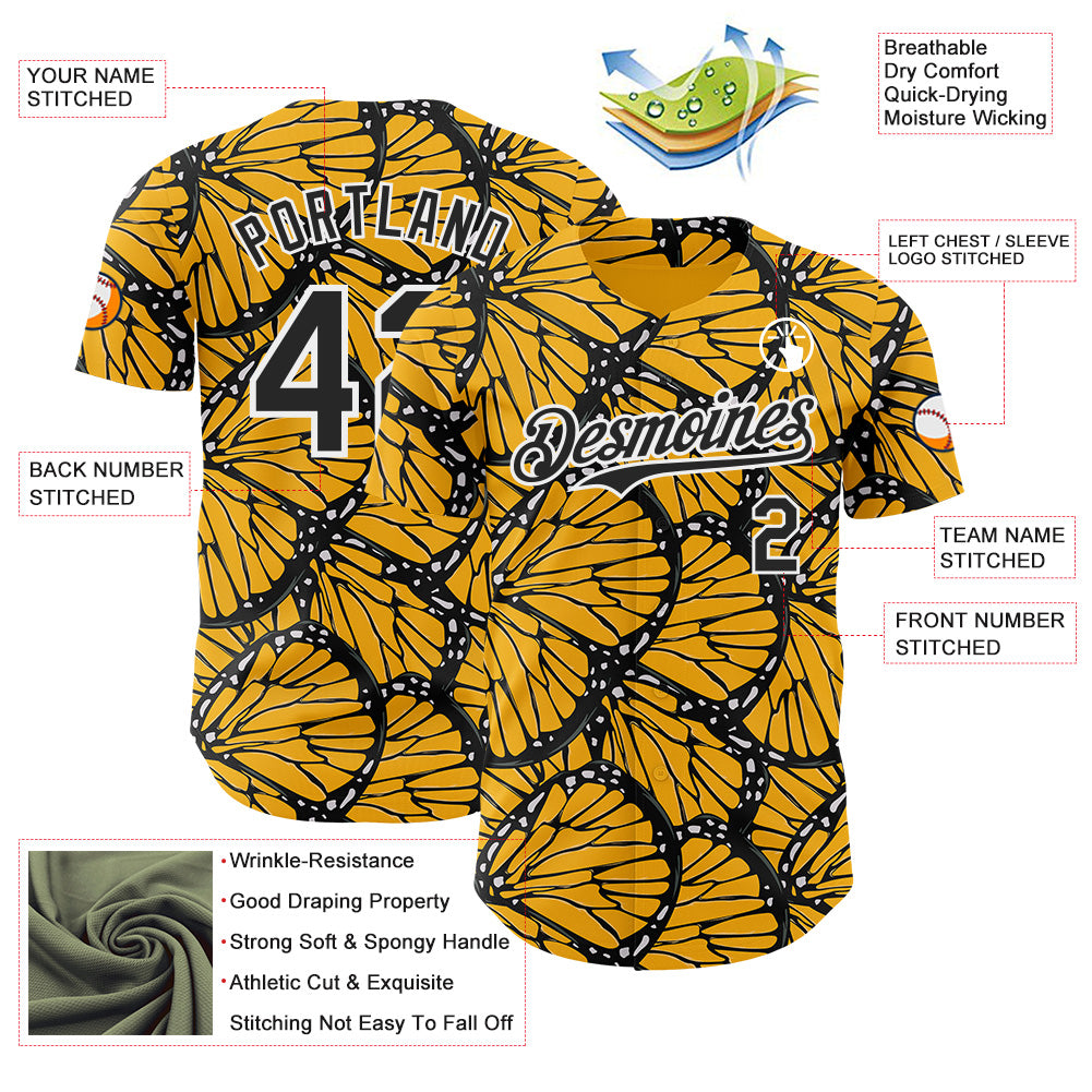 Custom Gold Black-White Butterfly Wing Authentic Baseball Jersey