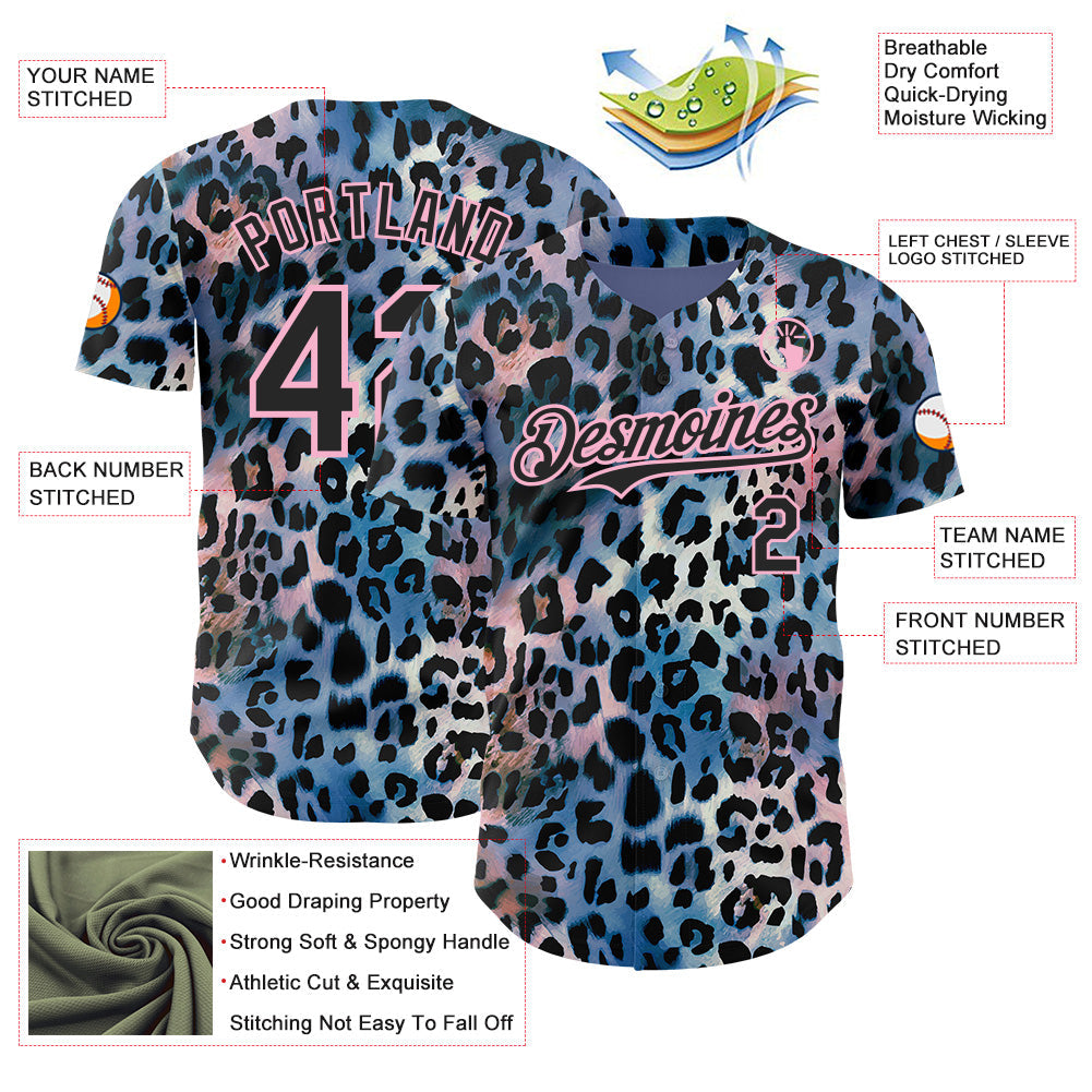 Custom Blue Black-Light Pink Leopard Print Authentic Baseball Jersey
