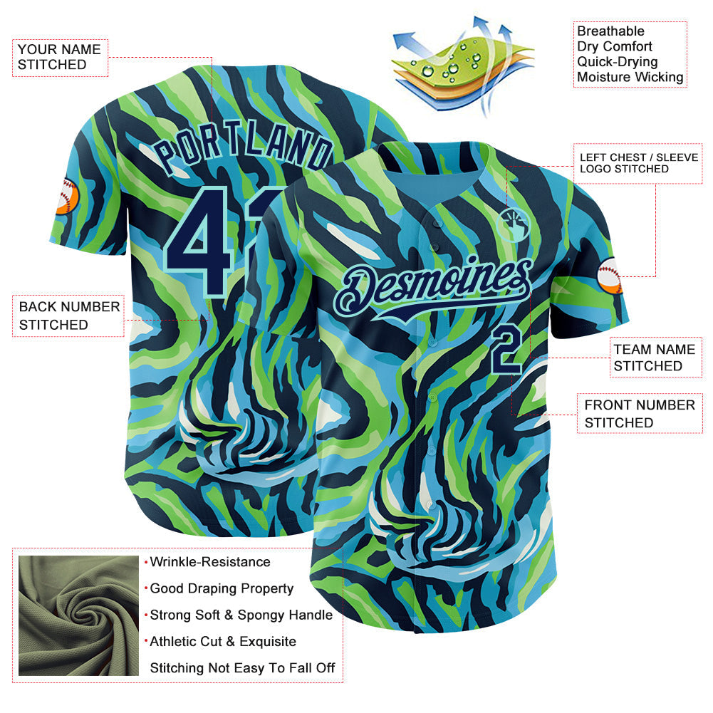 Custom Blue Navy Green-Ice Blue Zebra Stripe Authentic Baseball Jersey