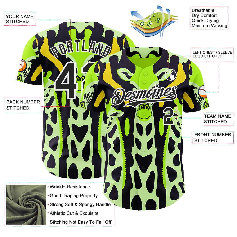 Custom Green Black Yellow-White Giraffe Print Authentic Baseball Jersey