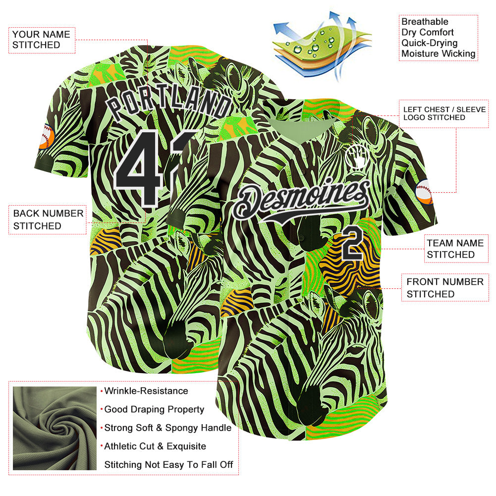 Custom Green Black-White Zebra Stripe Print Authentic Baseball Jersey