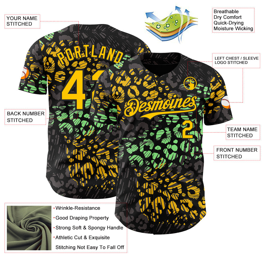 Custom Black Yellow-Green Leopard Print Authentic Baseball Jersey