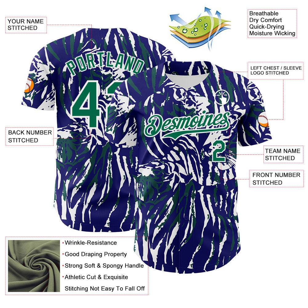 Custom Blue Kelly Green-White Tiger Stripe Print Authentic Baseball Jersey