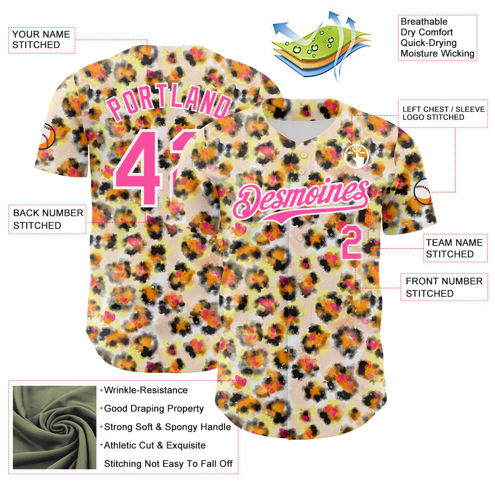 Custom Cream Pink-White Leopard Print Authentic Baseball Jersey