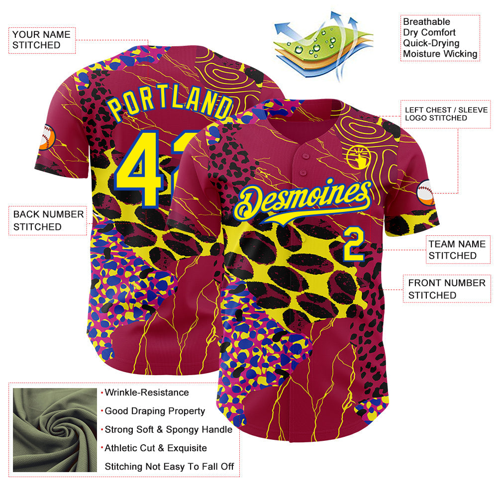 Custom Red Light Yellow-Thunder Blue Leopard Print Authentic Baseball Jersey