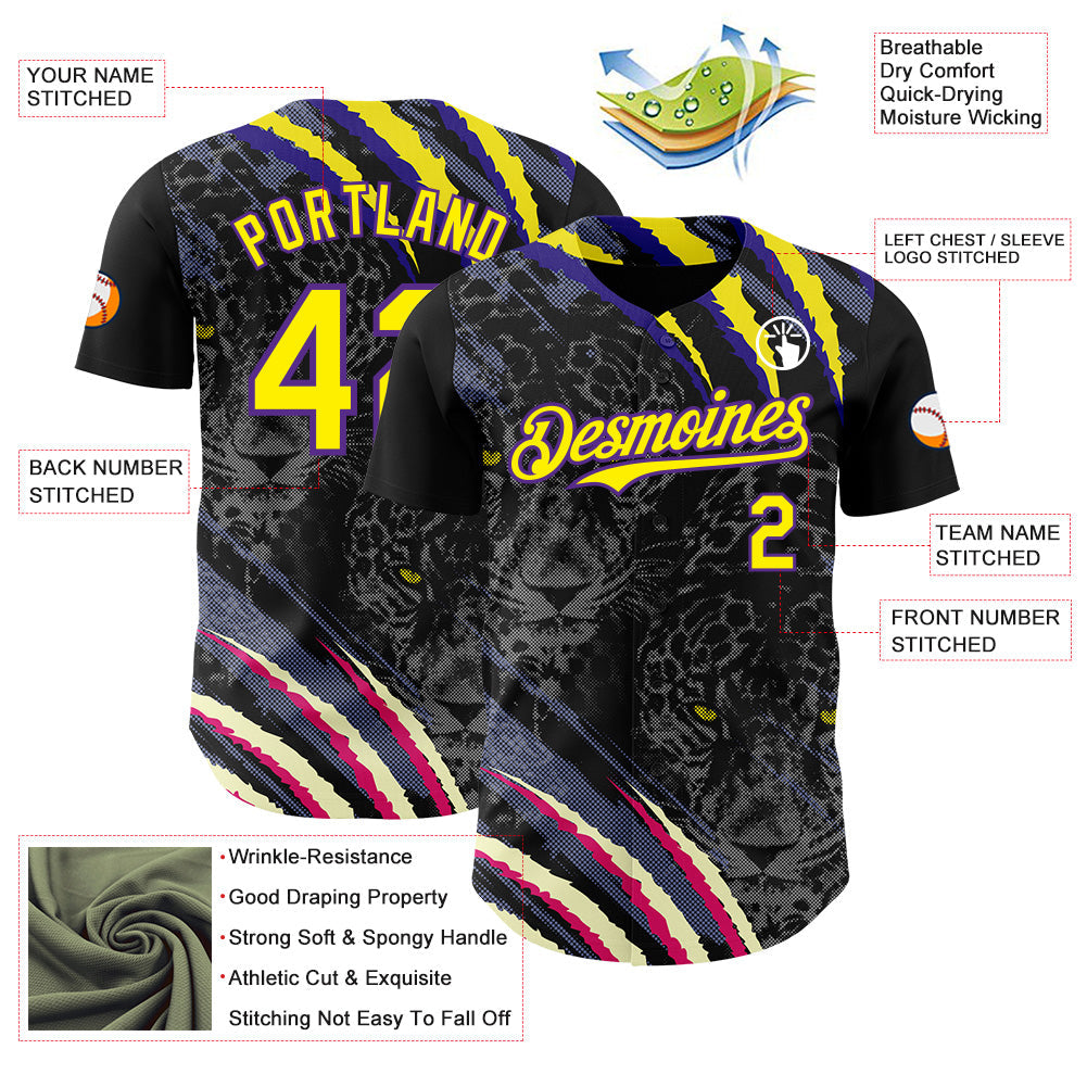 Custom Black Light Yellow-Purple Leopard Print Scratch Authentic Baseball Jersey