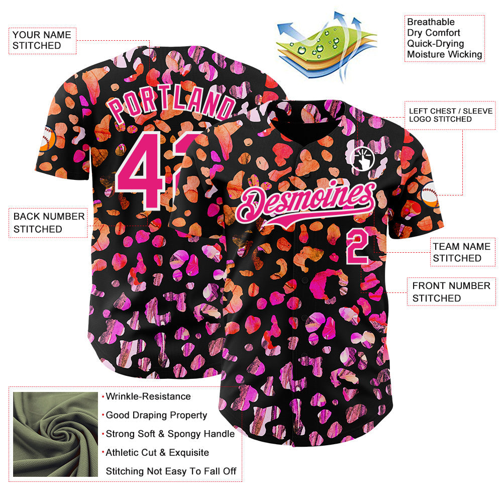 Custom Black Hot Pink-White Leopard Print Authentic Baseball Jersey