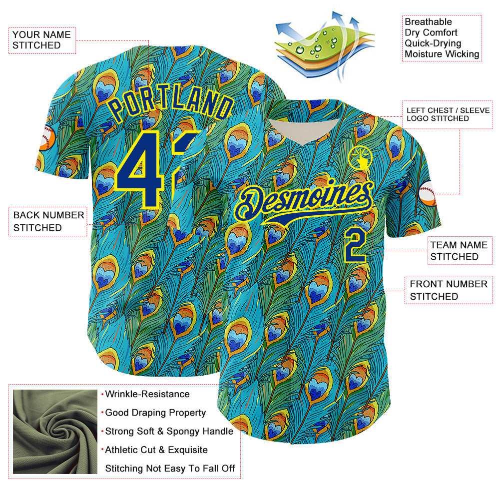 Custom Blue Royal Green-Light Yellow Peacock Feather Print Authentic Baseball Jersey
