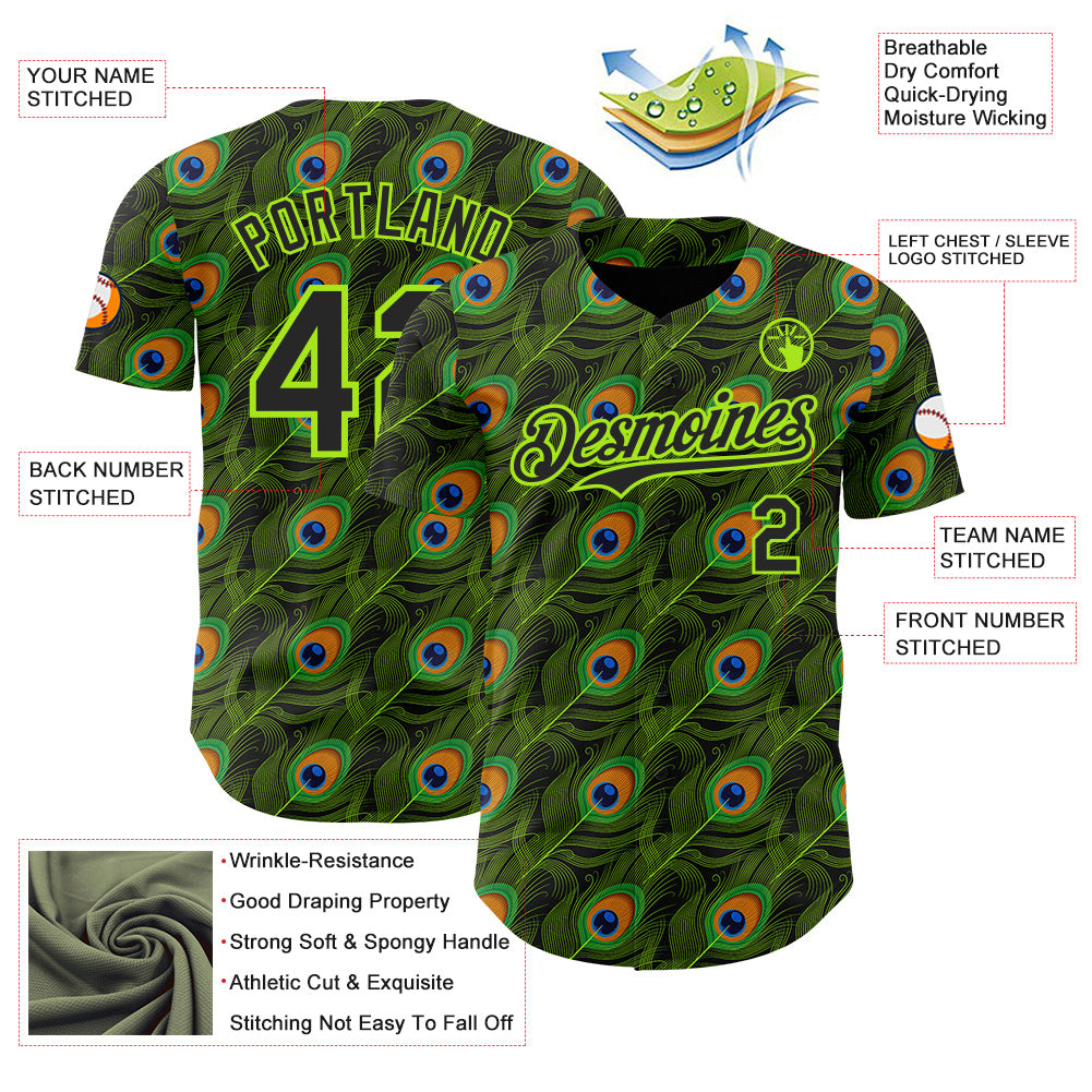 Custom Black-Neon Green Peacock Feather Print Authentic Baseball Jersey