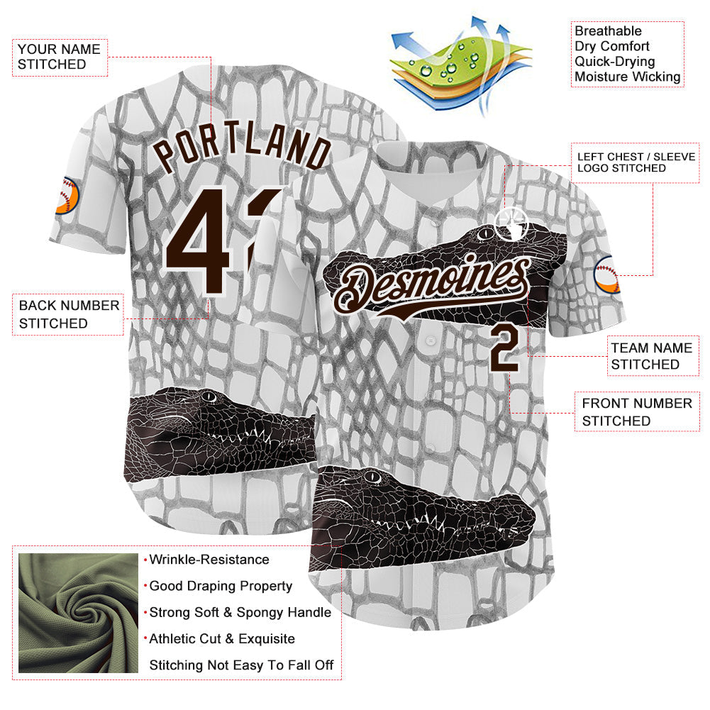 Custom White Brown-Gray Crocodile Skin Authentic Baseball Jersey