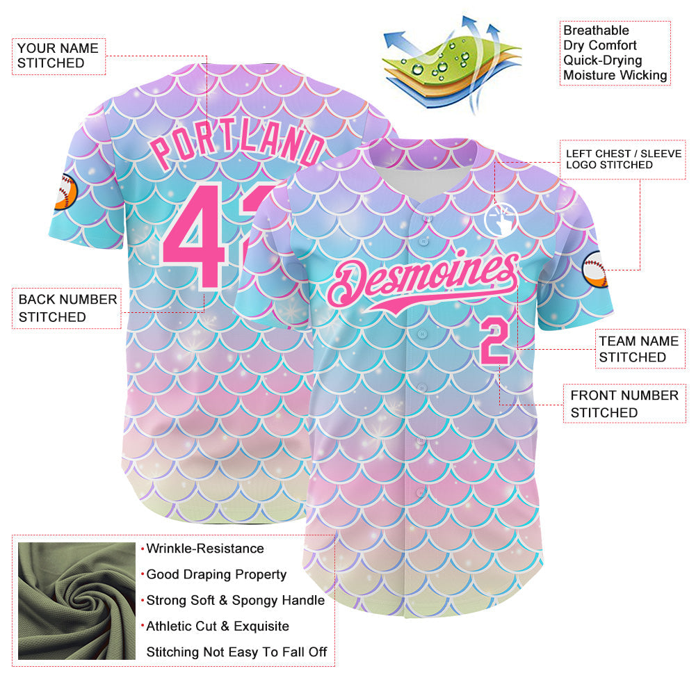 Custom Purple Pink Blue-White Mermaid Skin Authentic Baseball Jersey