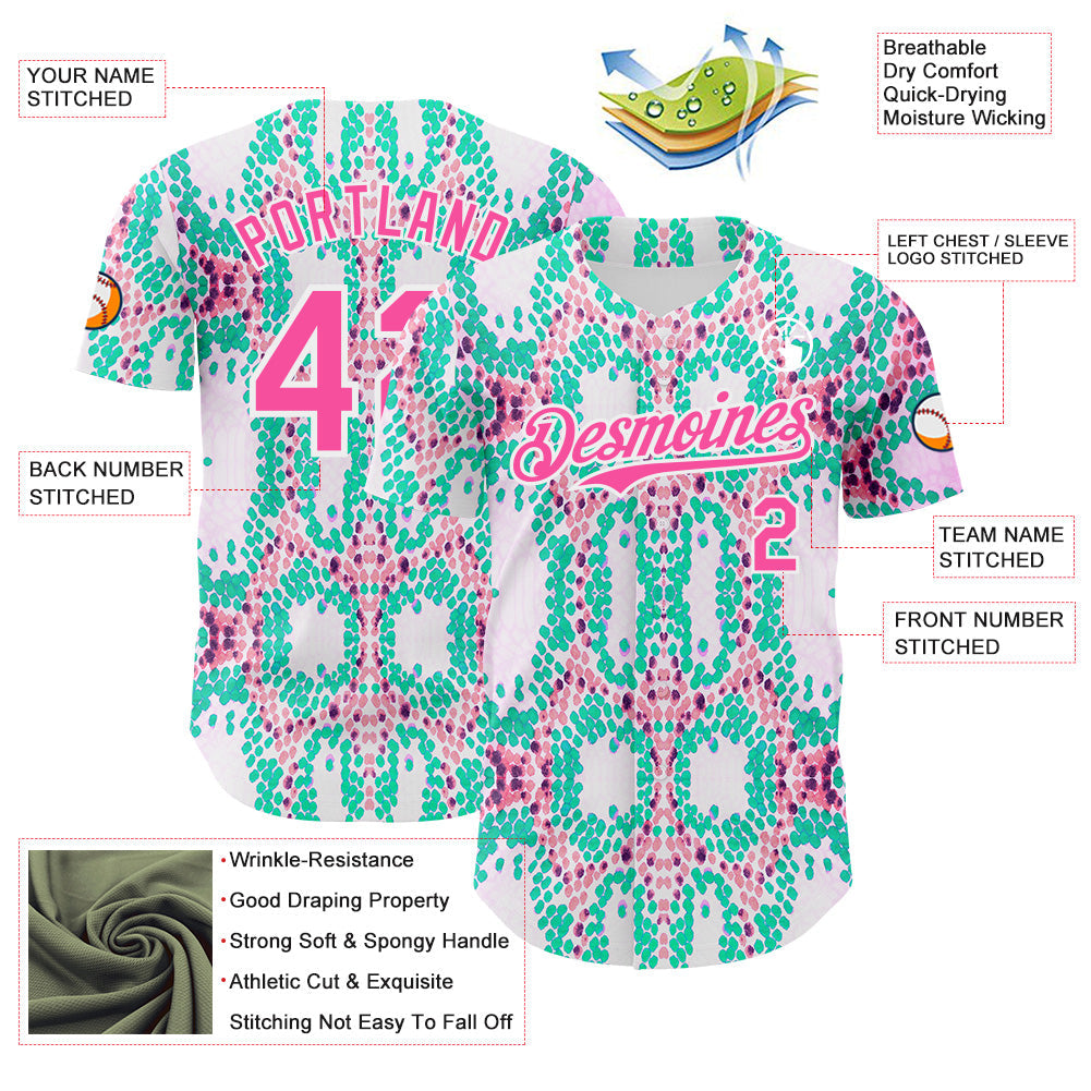Custom White Pink-Green Snake Skin Authentic Baseball Jersey