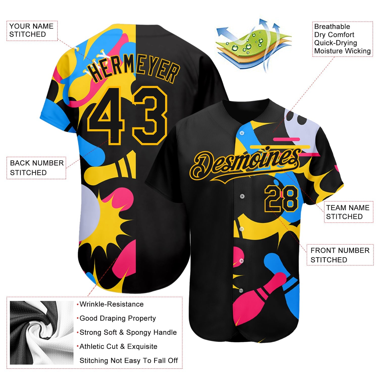 Custom Black Yellow 3D Pattern Design Bowling Authentic Baseball Jersey T-Shirts, Hoodie, Sweatshirt (Image 3)