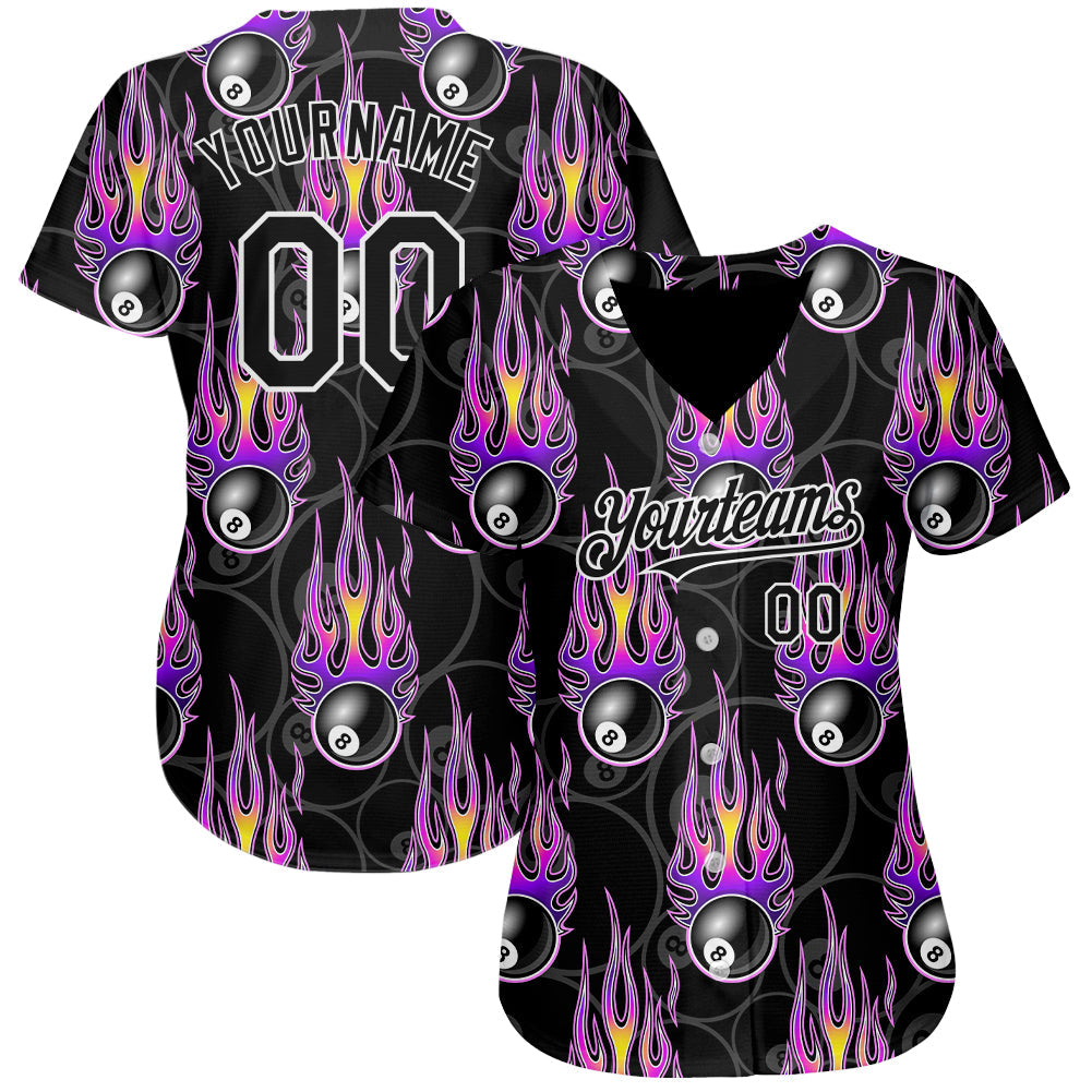 Custom Black White 3D Pattern Design Flaming Billiards Snooker 8 Ball Authentic Baseball Jersey T-Shirts,... (Image 2)