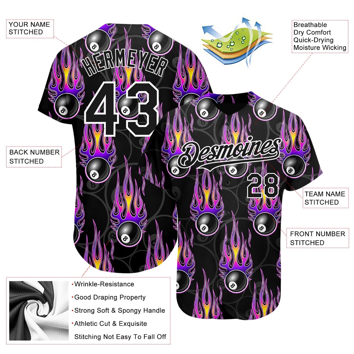 Custom Black White 3D Pattern Design Flaming Billiards Snooker 8 Ball Authentic Baseball Jersey T-Shirts,... (Image 3)