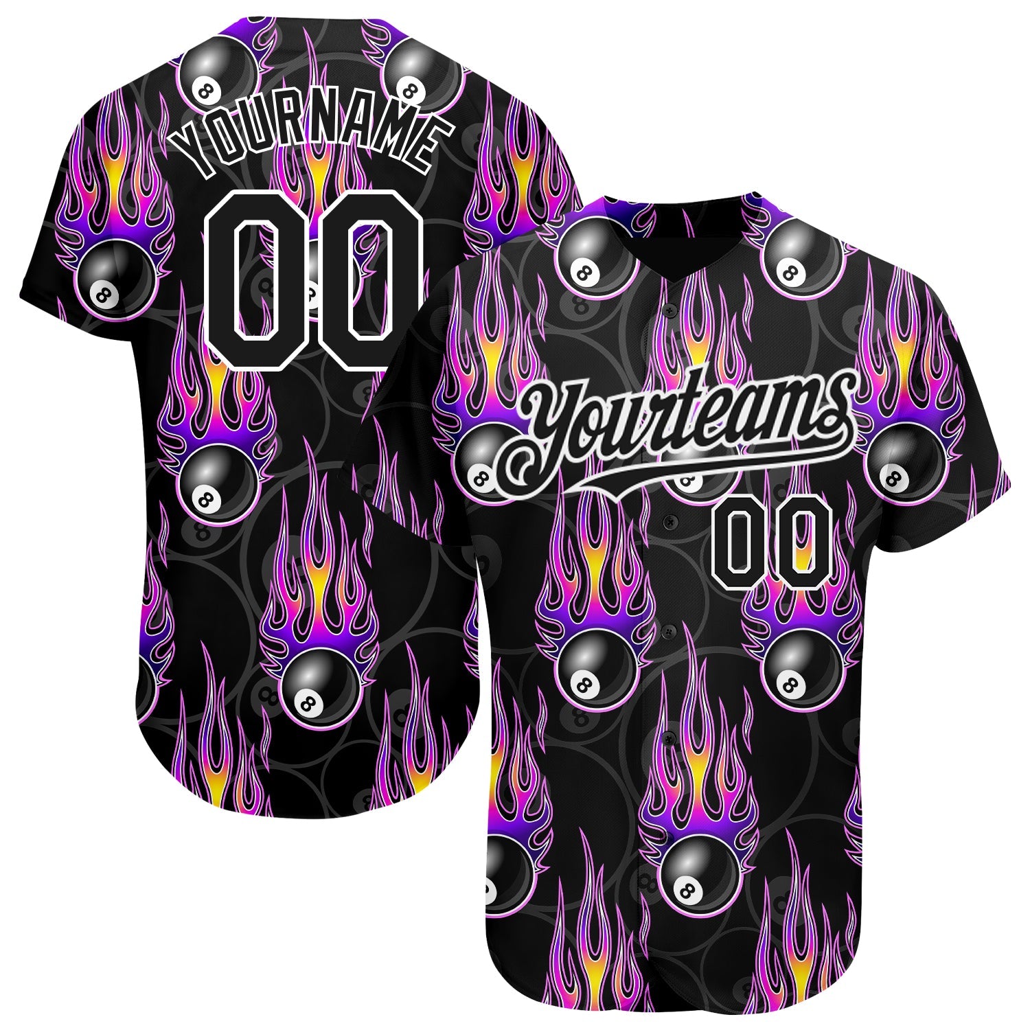 Custom Black White 3D Pattern Design Flaming Billiards Snooker 8 Ball Authentic Baseball Jersey T-Shirts,... (Image 1)