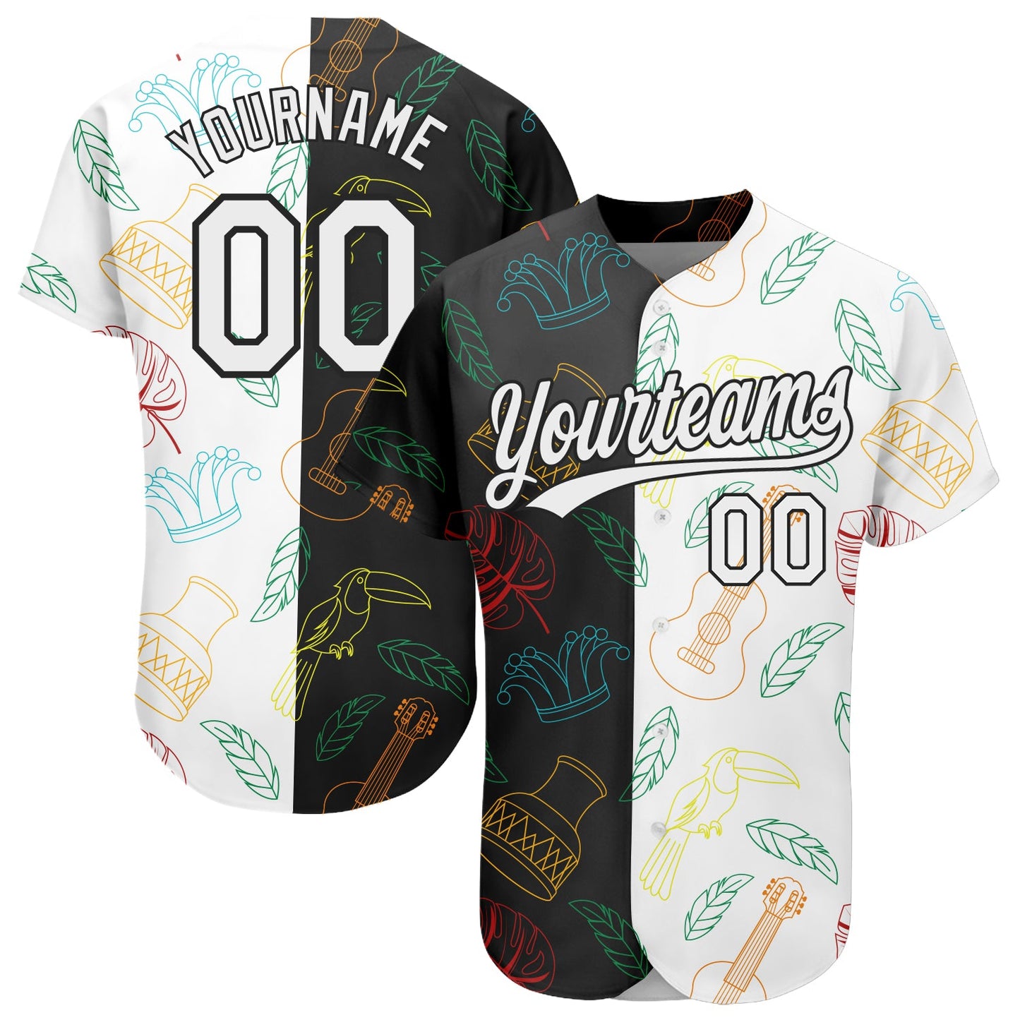 Custom Black White 3D Pattern Design Music Festival Brazilian Carnival Authentic Baseball Jersey