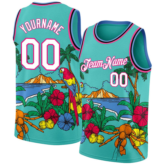 Custom Aqua Pink Light Blue-Black 3D Pattern Tropical Beach Hawaii Palm Trees Authentic Basketball Jersey... (Image 1)