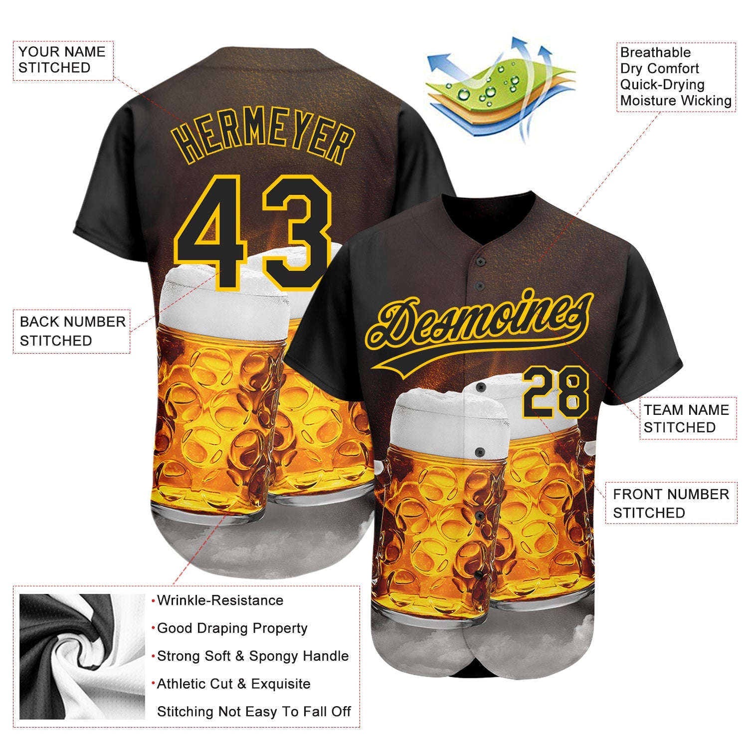 Custom Black Yellow 3D Pattern Design Beer Festival Authentic Baseball Jersey T-Shirts, Hoodie, Sweatshirt (Image 3)