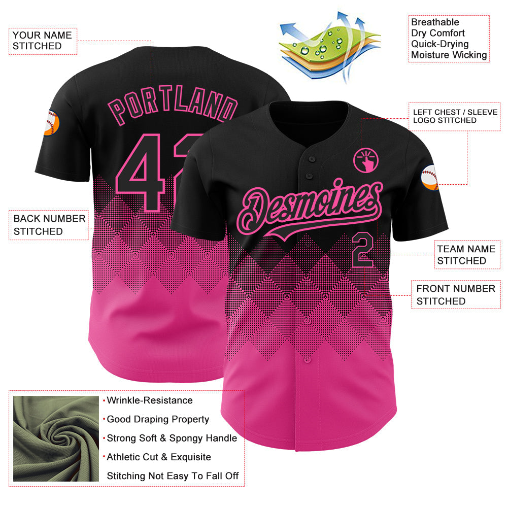 Custom Black Pink 3D Pattern Design Gradient Square Shapes Authentic Baseball Jersey T-Shirts, Hoodie, Sweatshirt (Image 3)