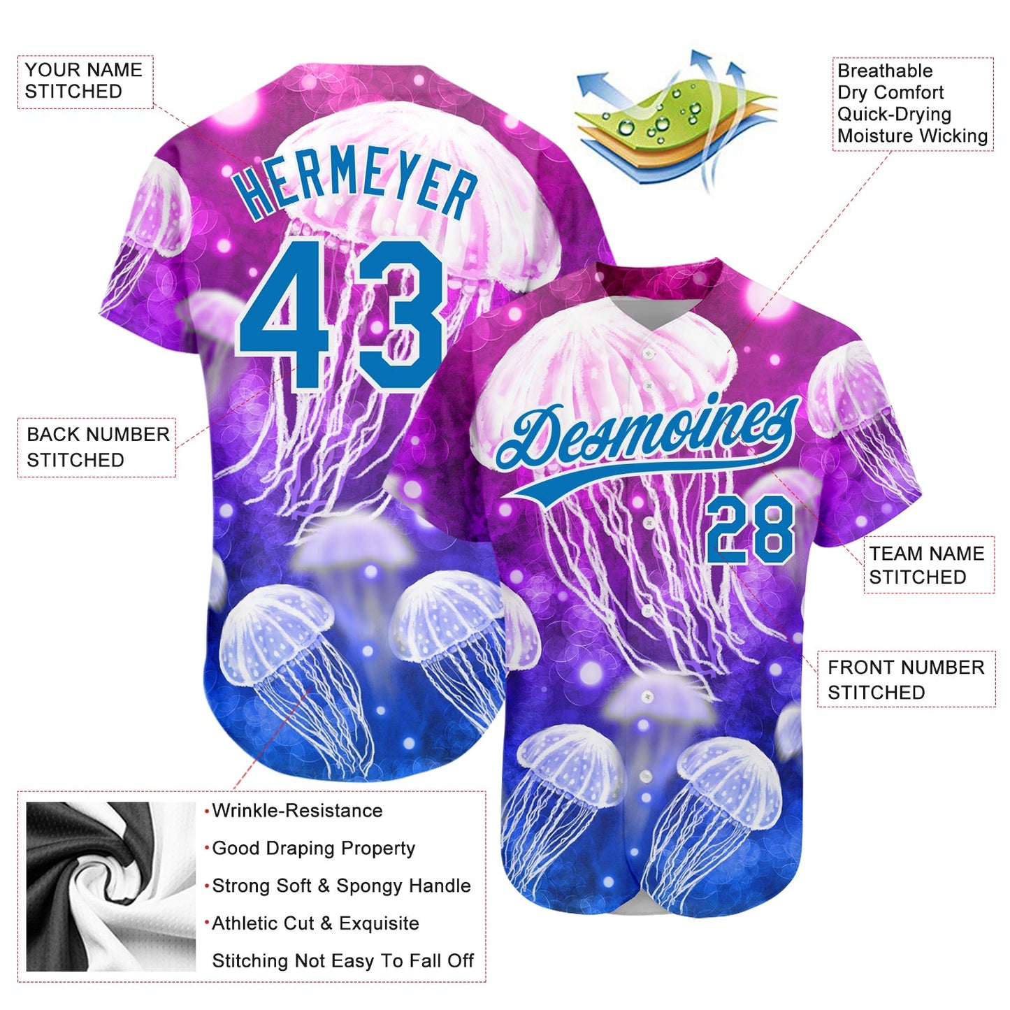 Custom Purple Blue-White 3D Pattern Design Jellyfish Authentic Baseball Jersey