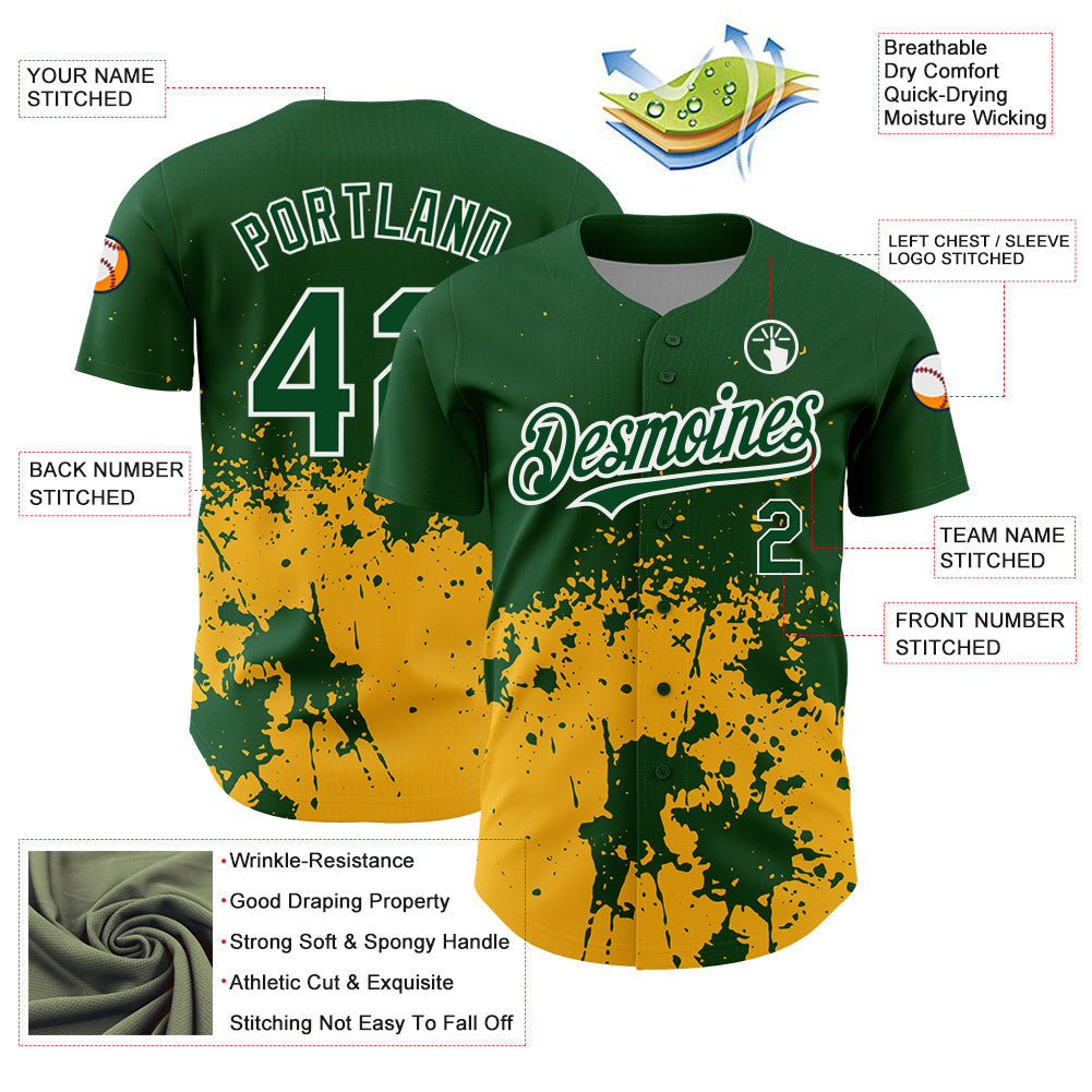 Custom Green Gold-White 3D Pattern Design Abstract Splash Grunge Art Authentic Baseball Jersey T-Shirts,... (Image 3)