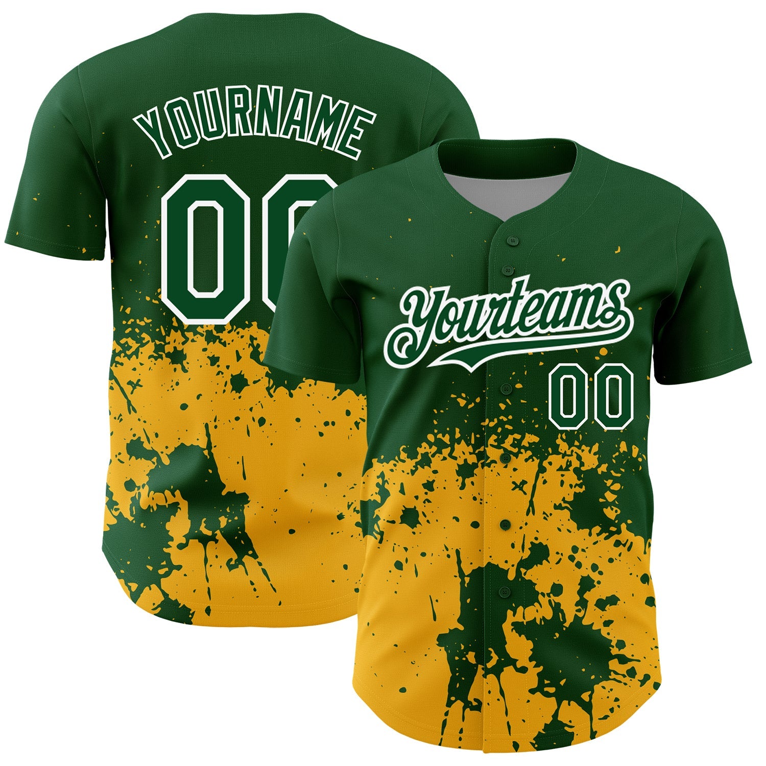 Custom Green Gold-White 3D Pattern Design Abstract Splash Grunge Art Authentic Baseball Jersey T-Shirts,... (Image 1)
