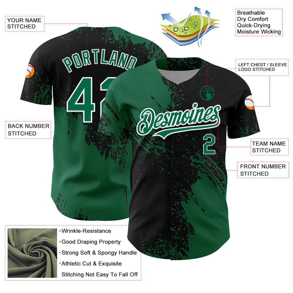 Custom Black Kelly Green-White 3D Pattern Design Abstract Brush Stroke Authentic Baseball Jersey T-Shirts,... (Image 3)