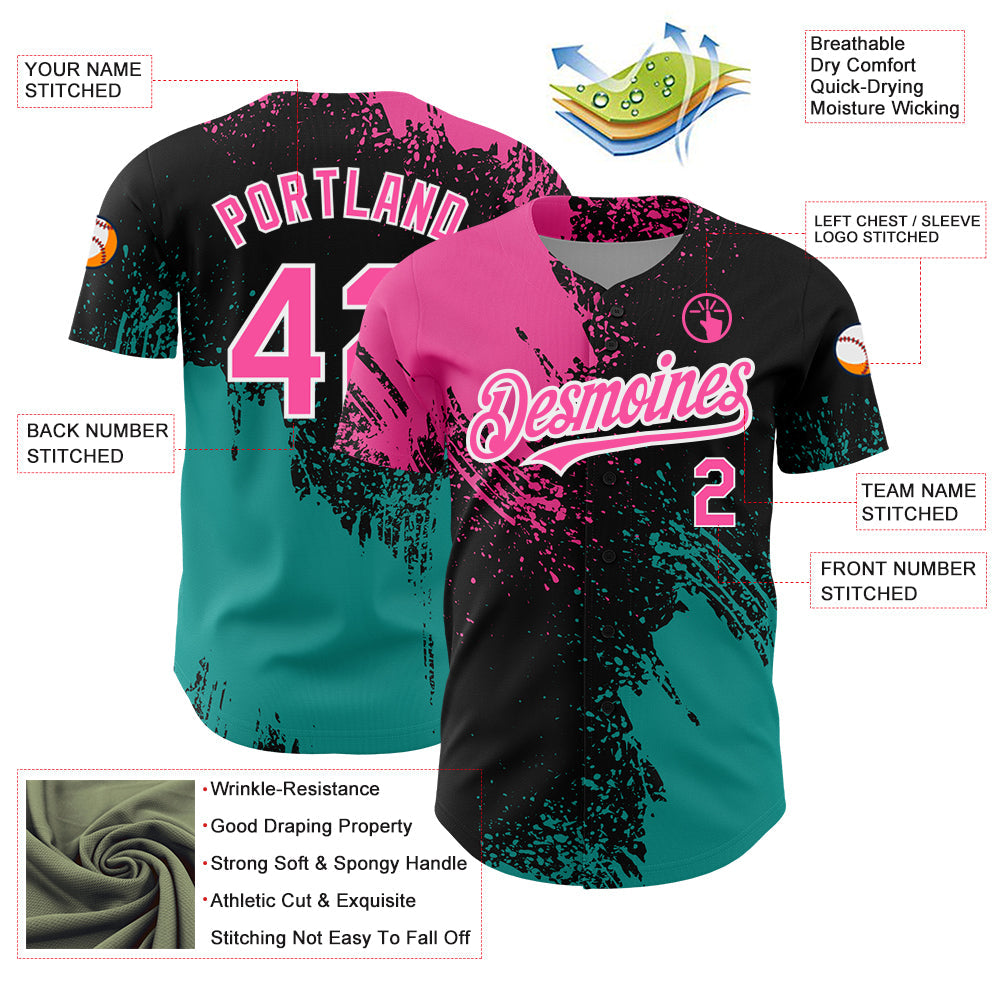 Custom Black Pink-Teal 3D Pattern Design Abstract Brush Stroke Authentic Baseball Jersey T-Shirts, Hoodie,... (Image 3)