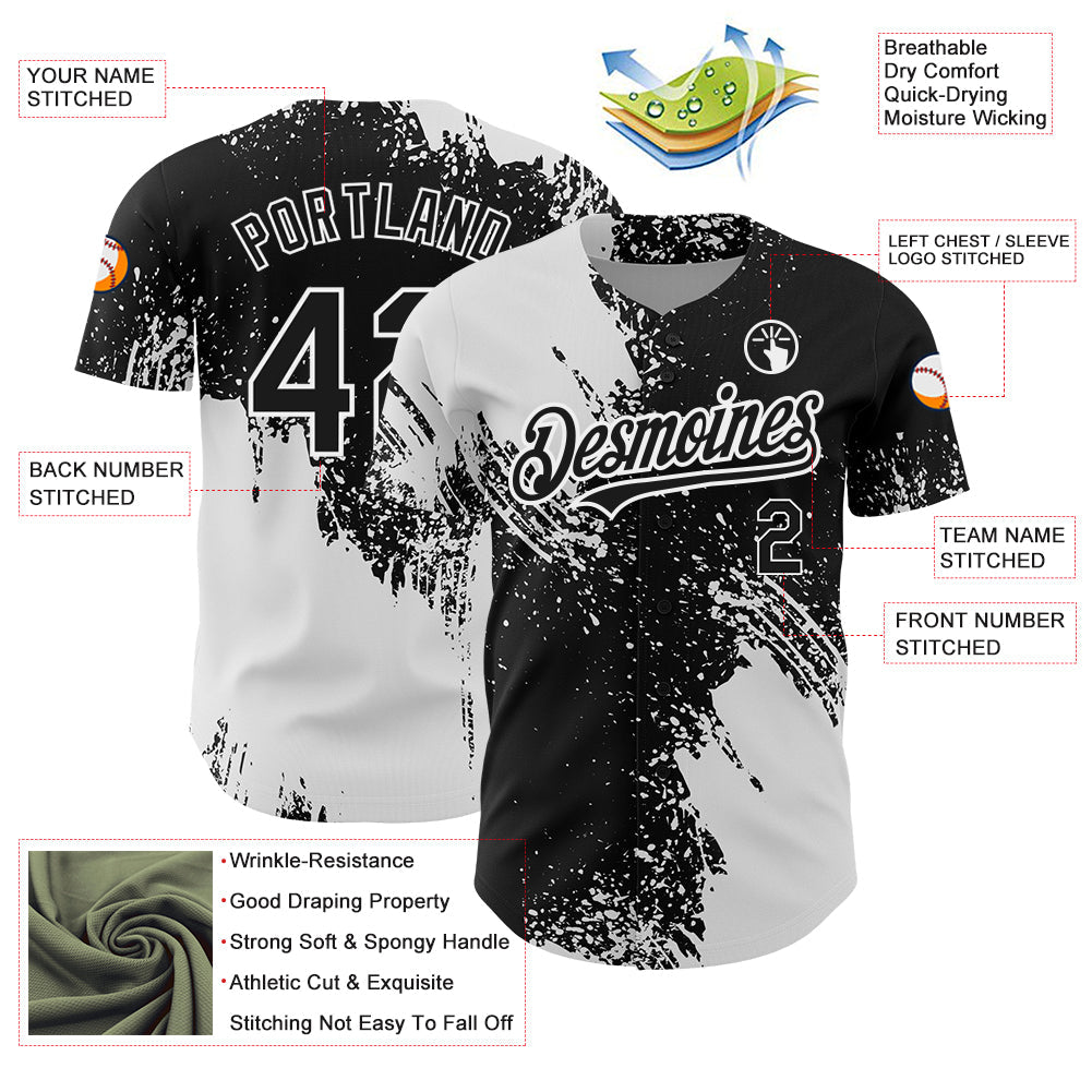 Custom Black White 3D Pattern Design Abstract Brush Stroke Authentic Baseball Jersey T-Shirts, Hoodie, Sweatshirt (Image 3)