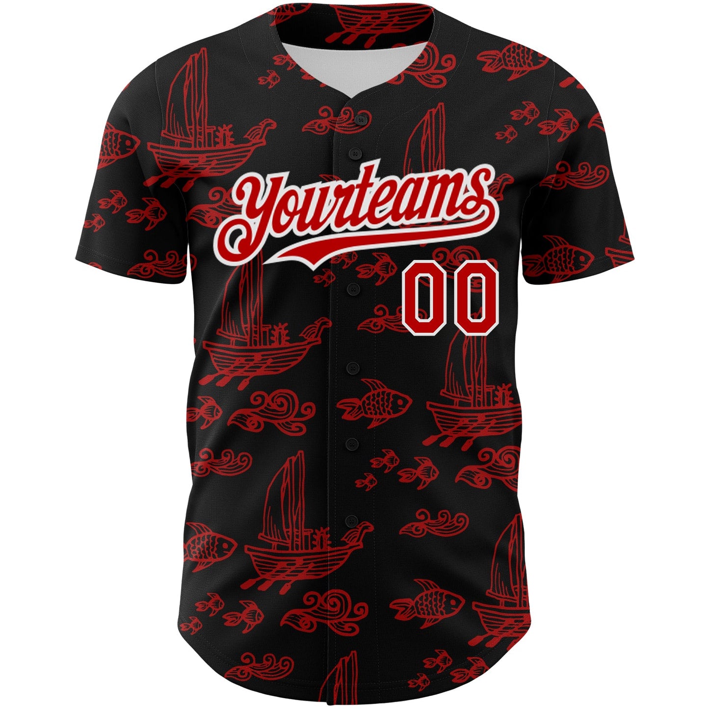 Custom Black Red-White 3D Pattern Design Boats And Fish Authentic Baseball Jersey T-Shirts, Hoodie, Sweatshirt (Image 2)