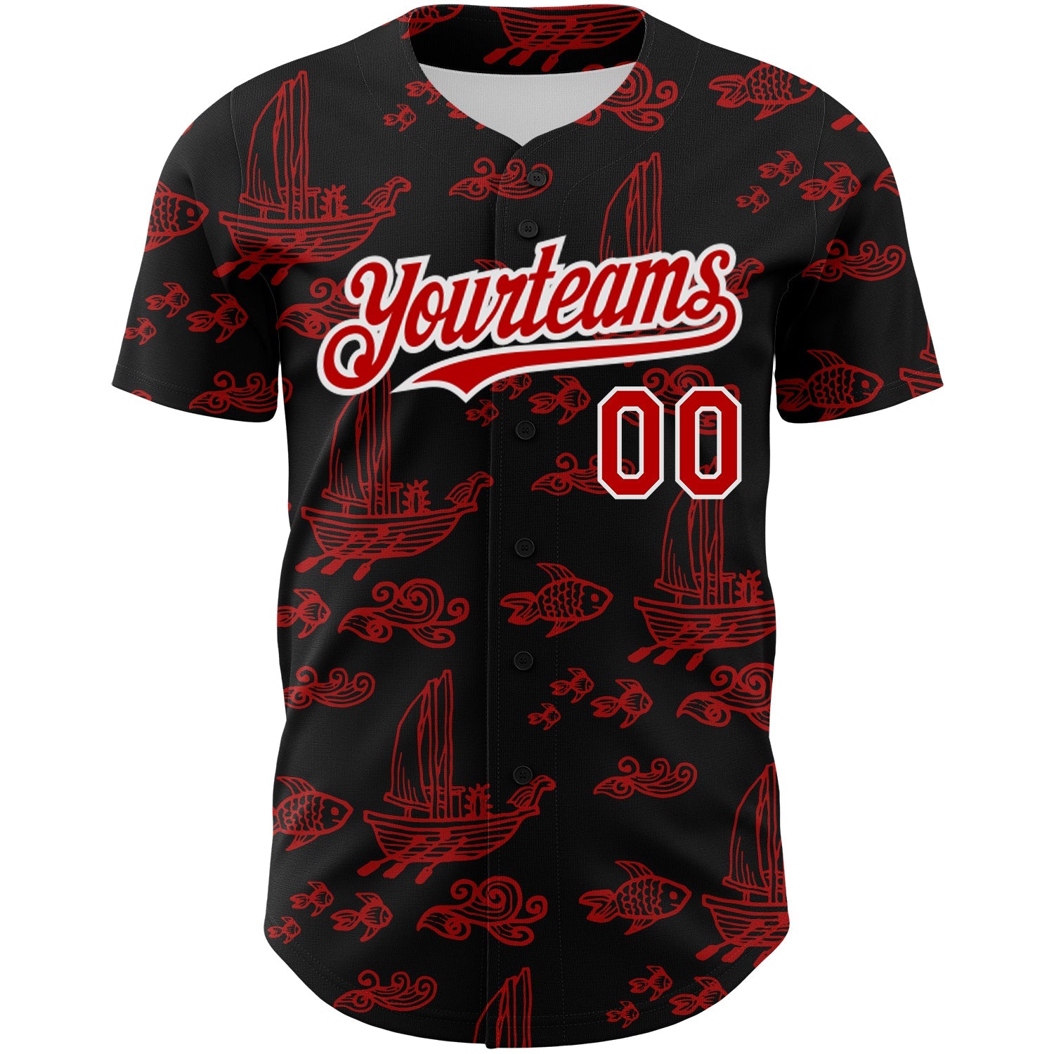 Custom Black Red-White 3D Pattern Design Boats And Fish Authentic Baseball Jersey T-Shirts, Hoodie, Sweatshirt (Image 2)