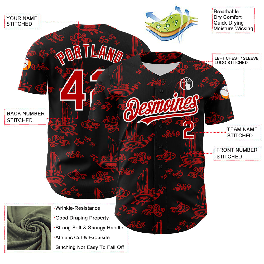 Custom Black Red-White 3D Pattern Design Boats And Fish Authentic Baseball Jersey T-Shirts, Hoodie, Sweatshirt (Image 3)