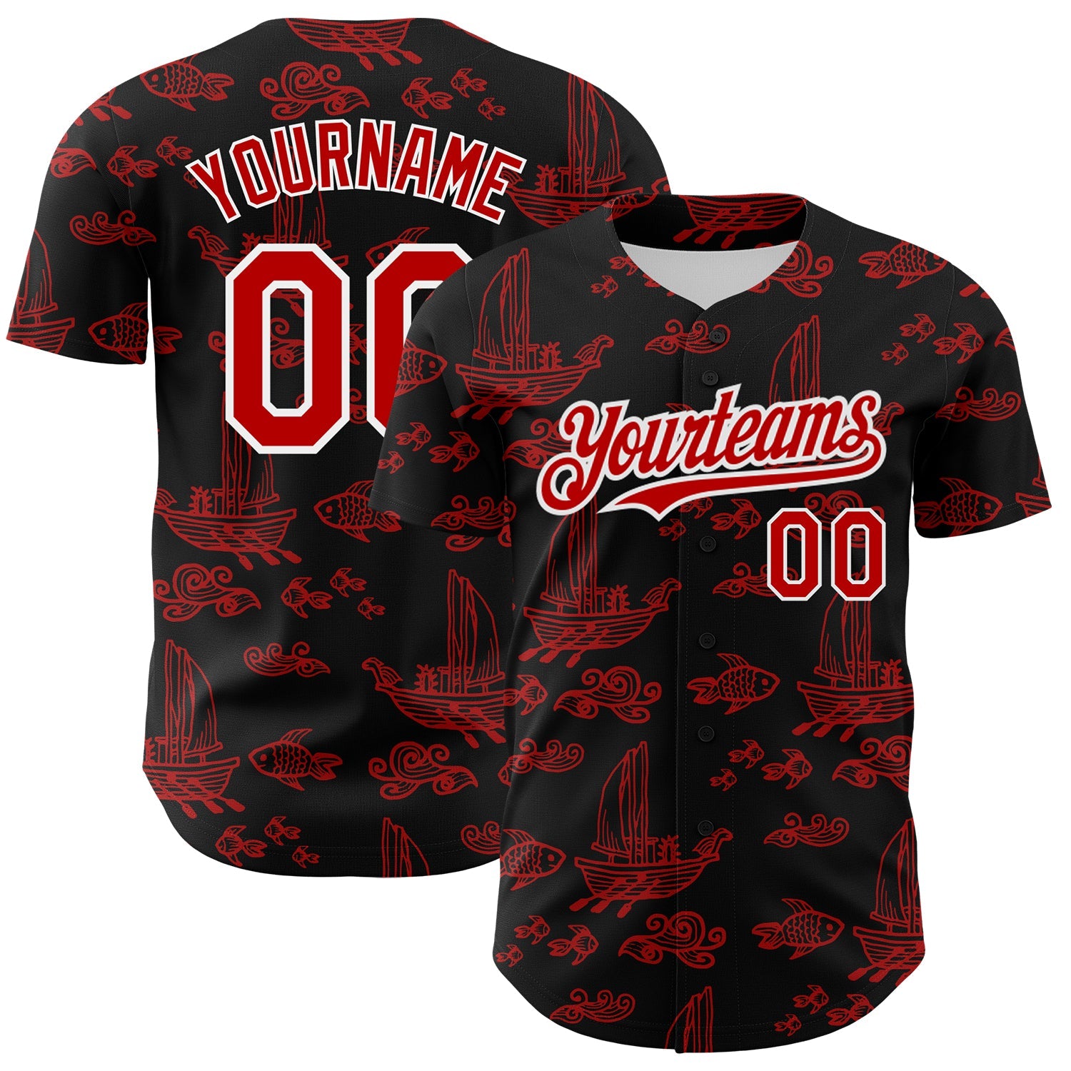 Custom Black Red-White 3D Pattern Design Boats And Fish Authentic Baseball Jersey T-Shirts, Hoodie, Sweatshirt (Image 1)