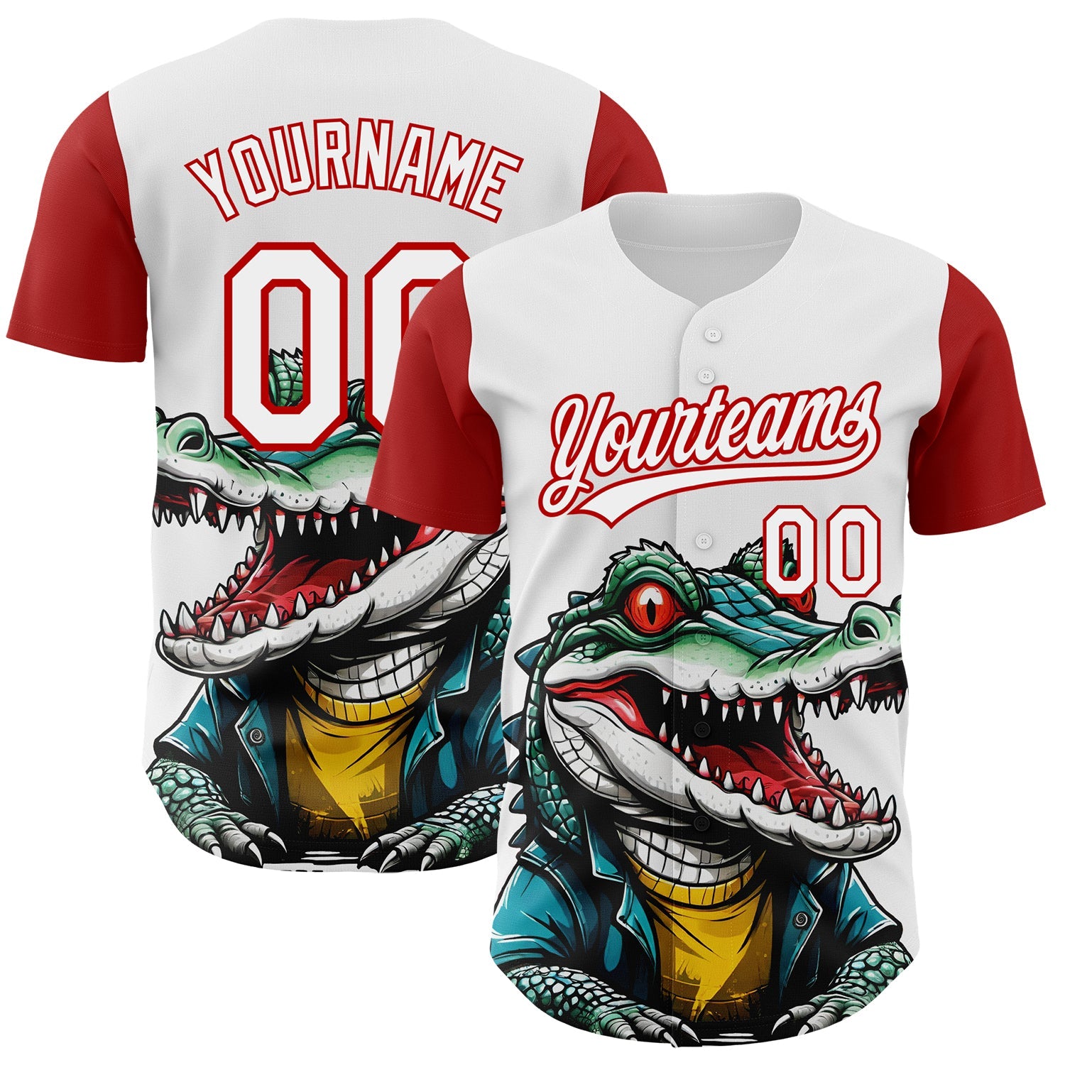 Custom White Red 3D Pattern Design Cartoon Crocodile Authentic Baseball Jersey