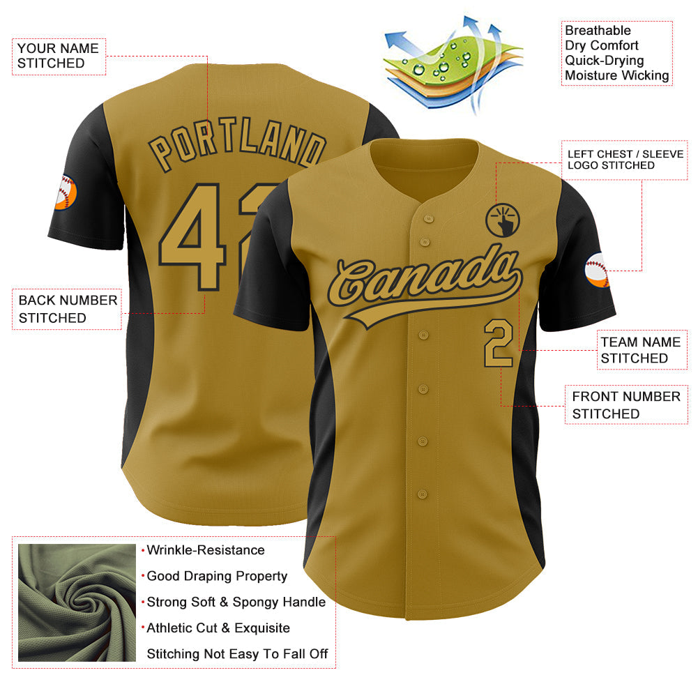 Custom Old Gold Black 3D Pattern Design Side Panel Stripes Authentic Baseball Jersey