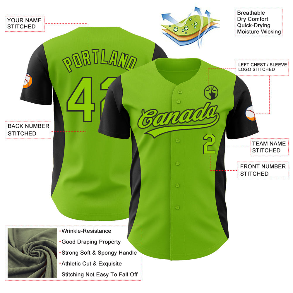 Custom Neon Green Black 3D Pattern Design Side Panel Stripes Authentic Baseball Jersey