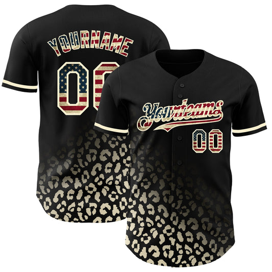 Custom Black Vintage USA Flag-Cream 3D Pattern Design Leopard Print Fade Fashion Authentic Baseball Jersey... (Image 1)