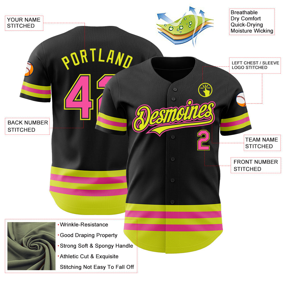 Custom Black Pink-Neon Yellow Line Authentic Baseball Jersey T-Shirts, Hoodie, Sweatshirt | WearSparks.com (Image 3)