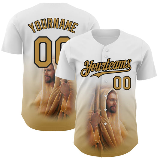 Custom White Old Gold-Black 3D Pattern Design Religion Jesus Christ Authentic Baseball Jersey