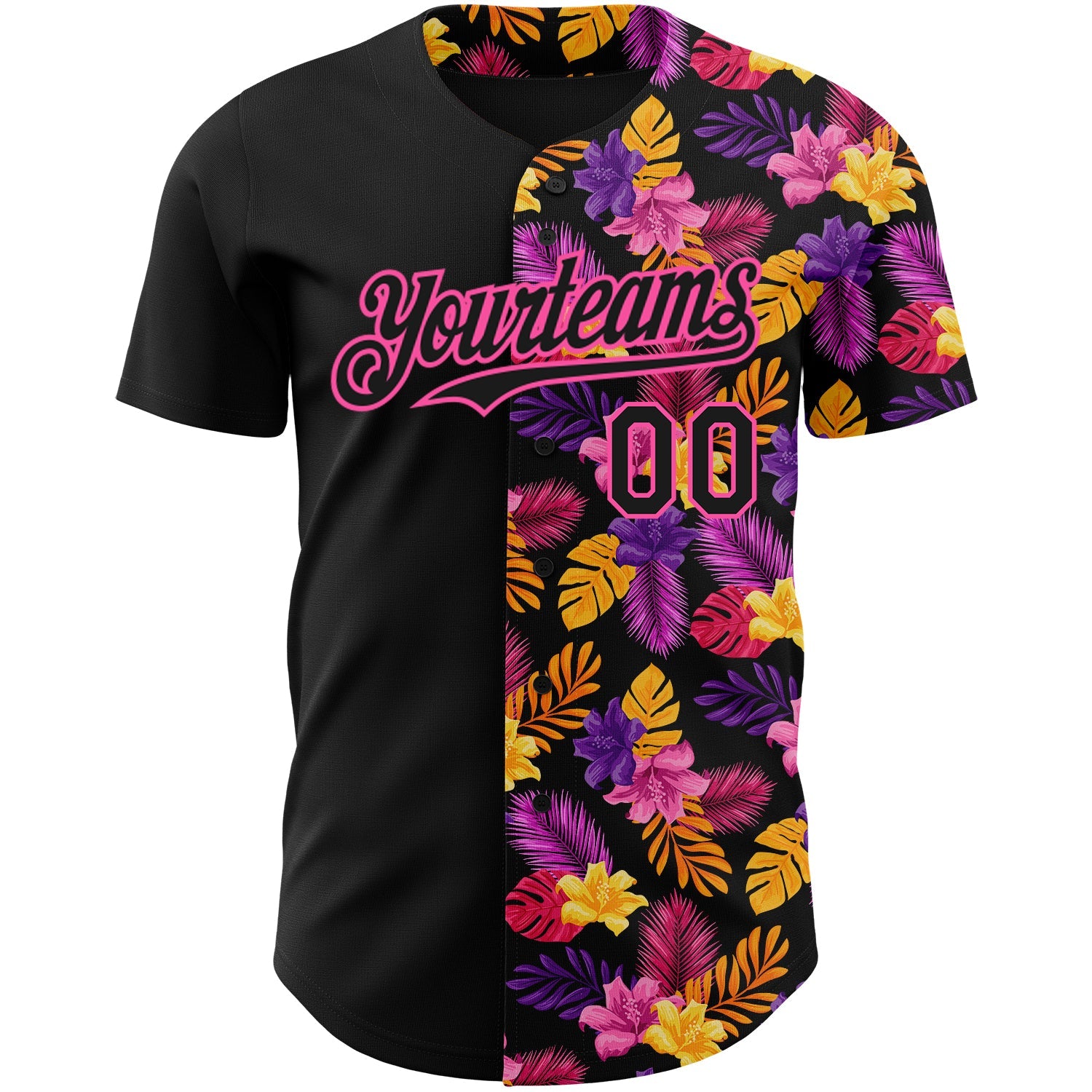 Custom Black Pink 3D Pattern Design Tropical Flower And Hawaii Palm Leaves Authentic Baseball Jersey T-Shirts,... (Image 2)