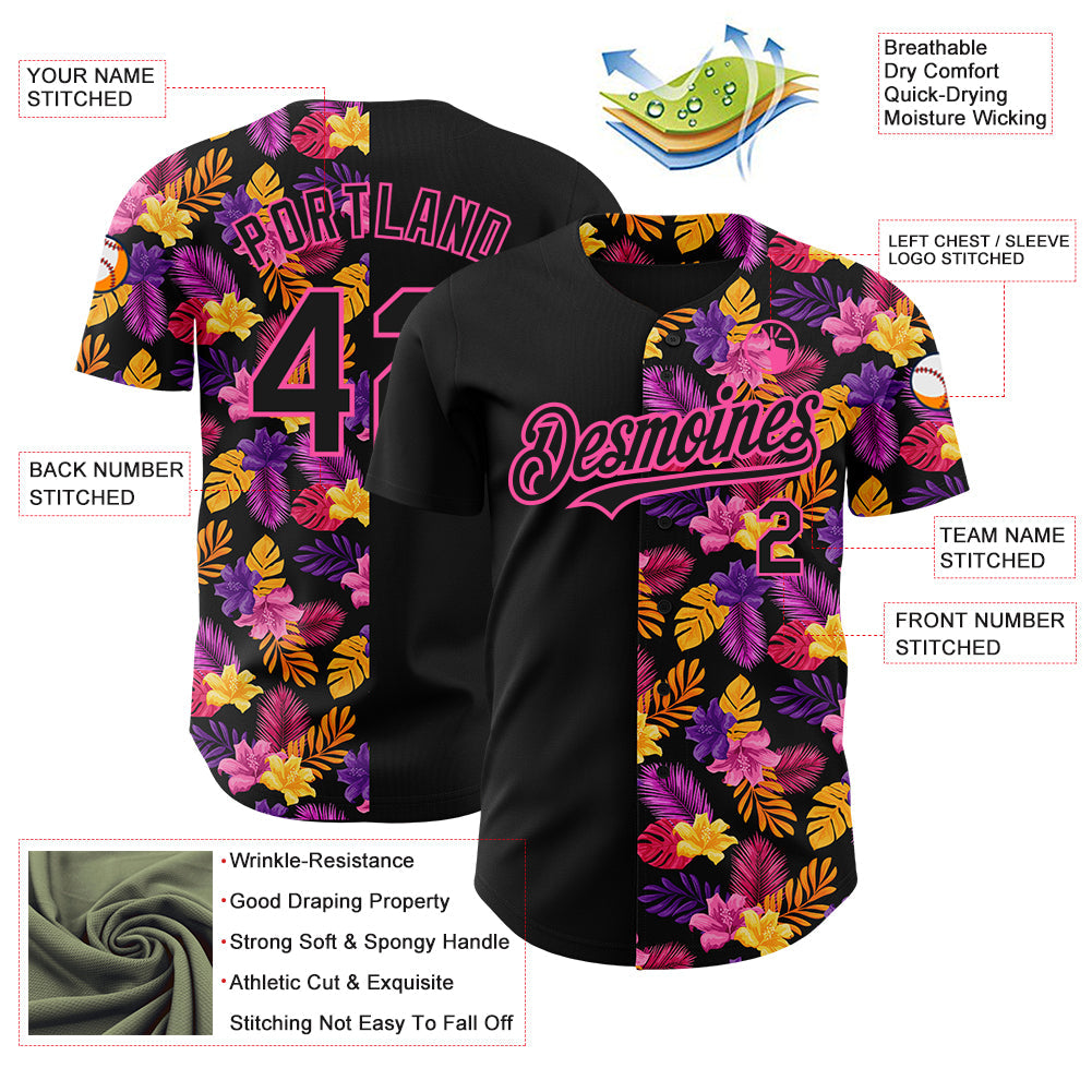 Custom Black Pink 3D Pattern Design Tropical Flower And Hawaii Palm Leaves Authentic Baseball Jersey T-Shirts,... (Image 3)