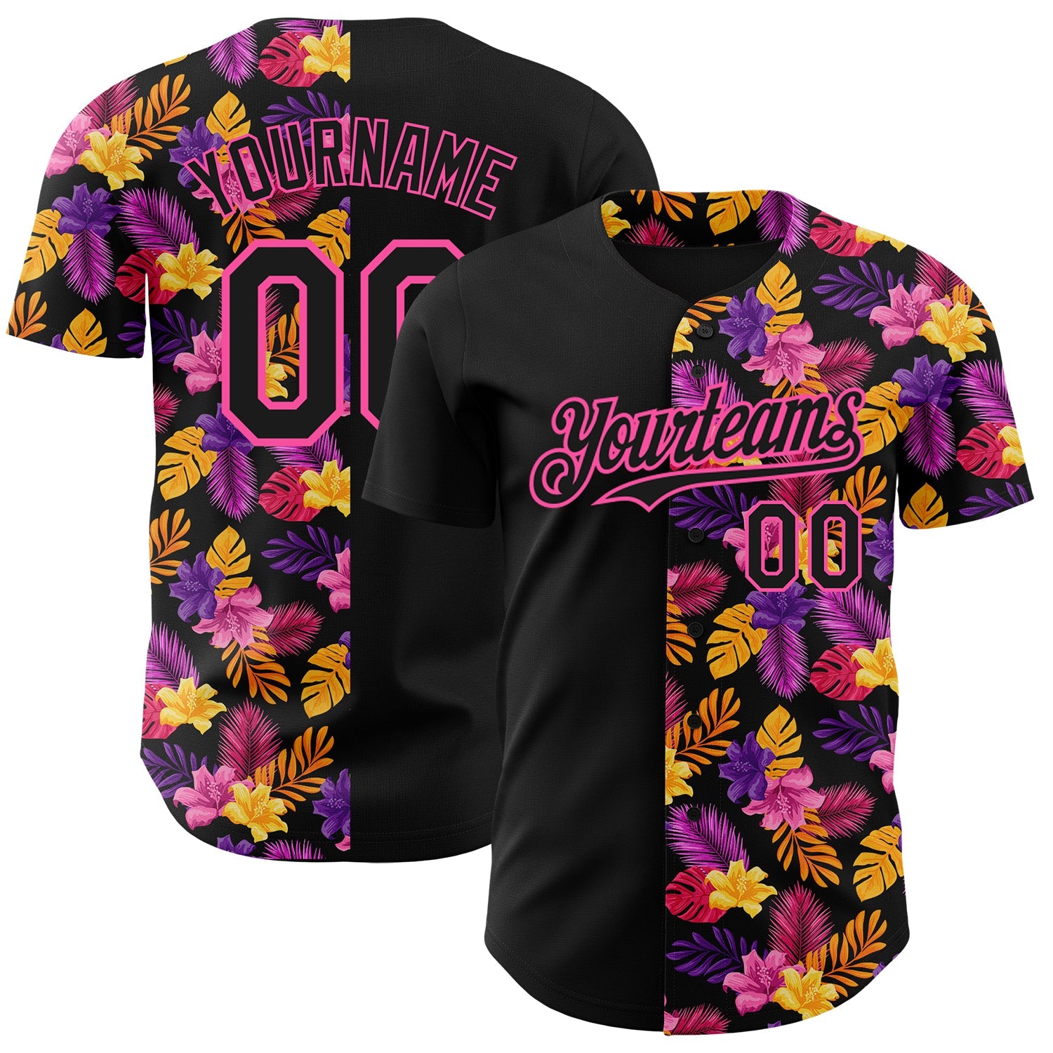 Custom Black Pink 3D Pattern Design Tropical Flower And Hawaii Palm Leaves Authentic Baseball Jersey T-Shirts,... (Image 1)
