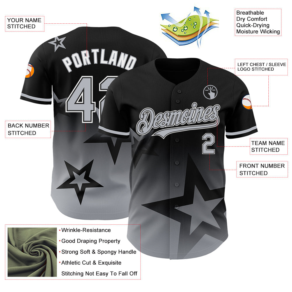 Custom Black Gray-White 3D Pattern Design Gradient Style Twinkle Star Authentic Baseball Jersey T-Shirts,... (Image 3)