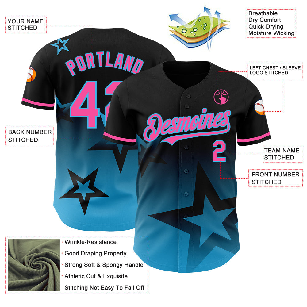 Custom Black Pink-Sky Blue 3D Pattern Design Gradient Style Twinkle Star Authentic Baseball Jersey T-Shirts,... (Image 4)