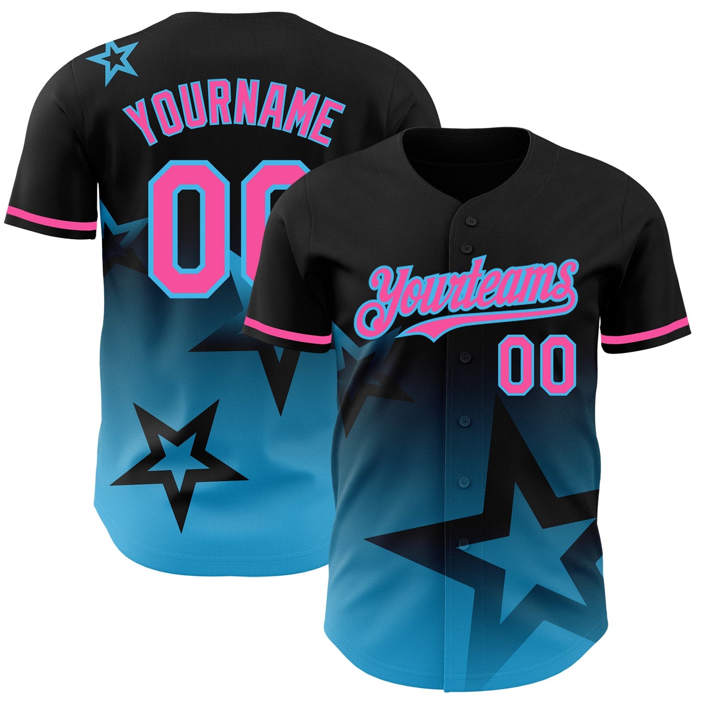 Custom Black Pink-Sky Blue 3D Pattern Design Gradient Style Twinkle Star Authentic Baseball Jersey T-Shirts,... (Image 1)