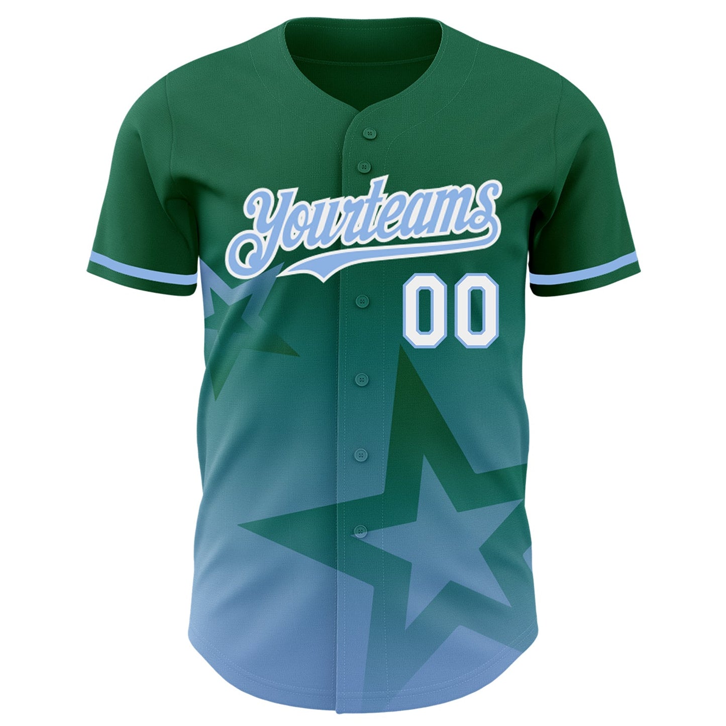 Custom Kelly Green Light Blue-White 3D Pattern Design Gradient Style Twinkle Star Authentic Baseball Jersey... (Image 2)