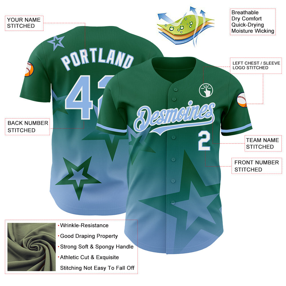 Custom Kelly Green Light Blue-White 3D Pattern Design Gradient Style Twinkle Star Authentic Baseball Jersey... (Image 3)